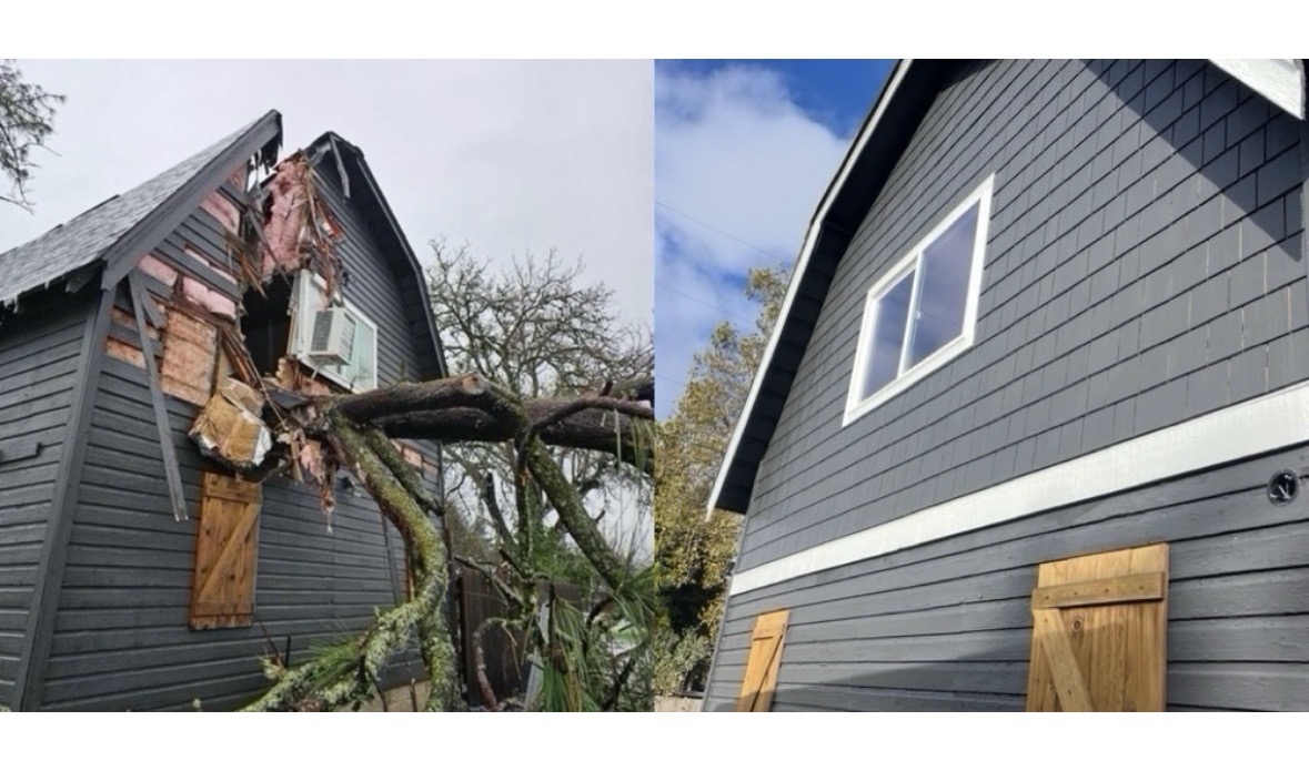 Before and after exterior rebuilding following tree damage